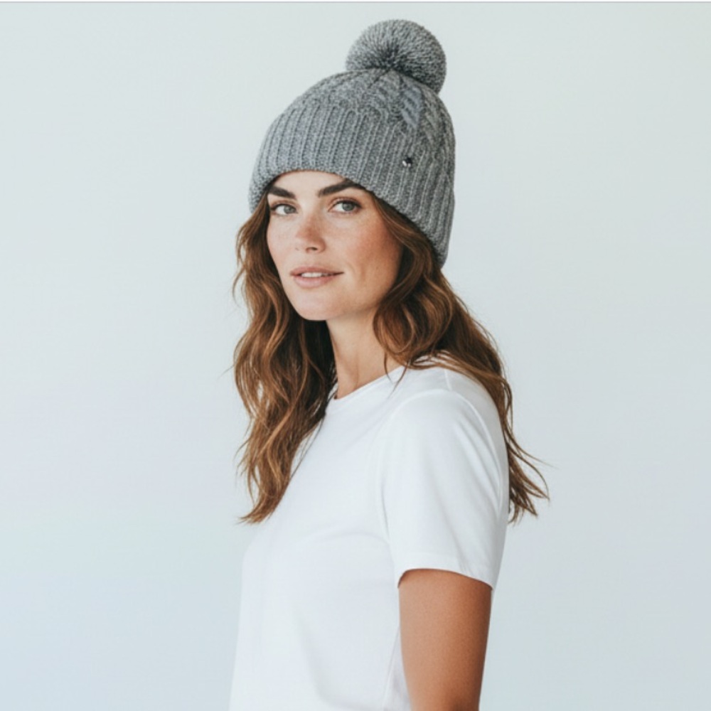 Kate Spade Women’s One Size Grey Cable Knit Acrylic Pom Pom Beanie Cap